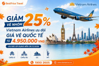 GIẢM 25% VÉ NHÓM, Vietnam Airlines ưu đãi giá vé quốc tế từ 4.950.000 VNĐ