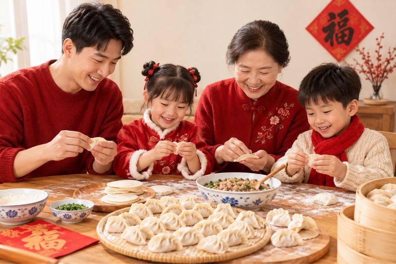 Gia đ&igrave;nh qu&acirc;y quần g&oacute;i sủi cảo để đ&oacute;n Tết 