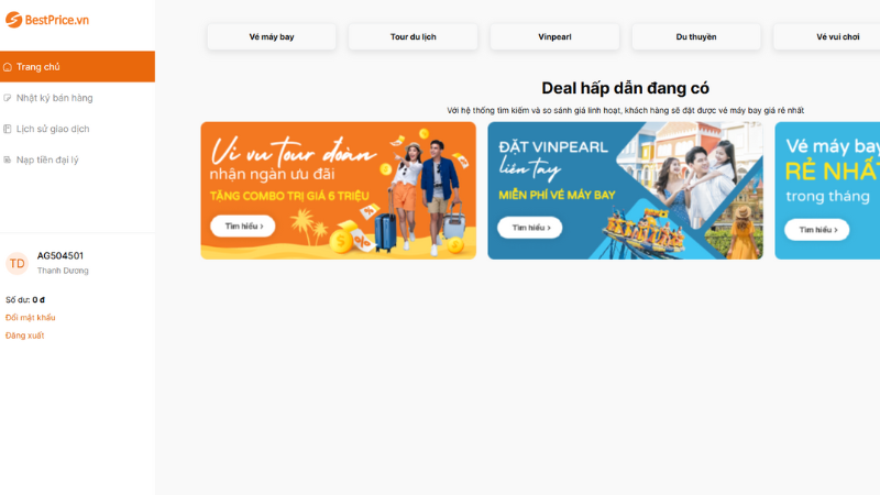 Màn hình chính hệ thống B2B BestPrice Travel
