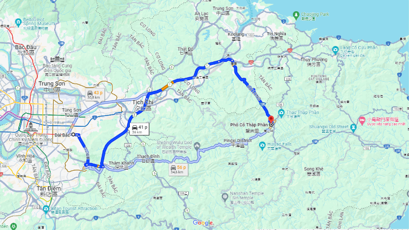 Quãng đường di chuyển từ Đài Bắc đến phố cổ Thập Phần