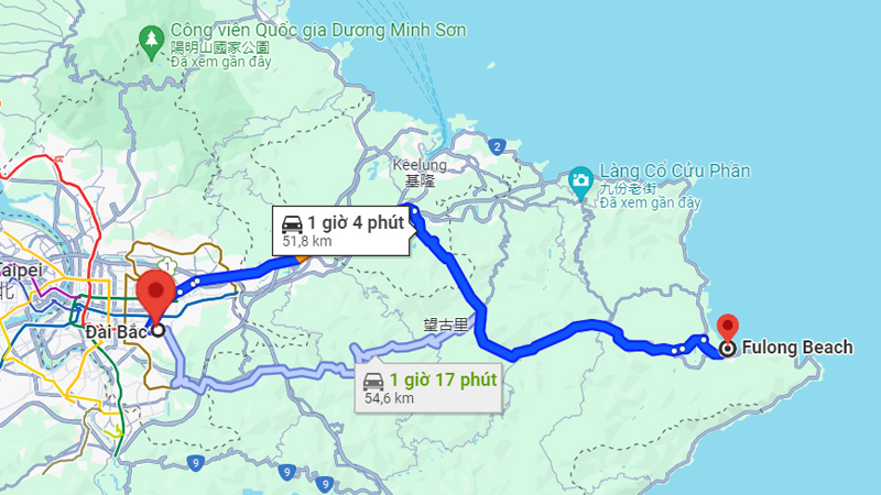 Khoảng cách giữa trung tâm Đài Bắc và bãi biển Fulong