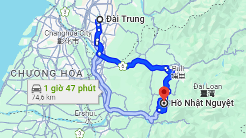 Khoảng cách giữa trung tâm Đài Trung và hồ Nhật Nguyệt