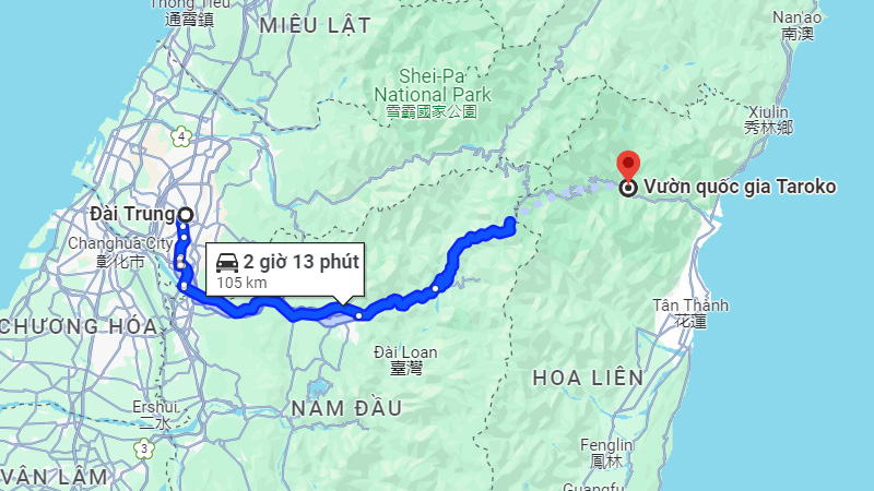 Khoảng cách giữa trung tâm Đài Trung và Công viên Quốc gia Taroko