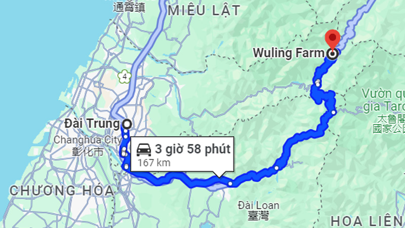 Khoảng cách giữa trung tâm Đài Trung và Wuling Farm