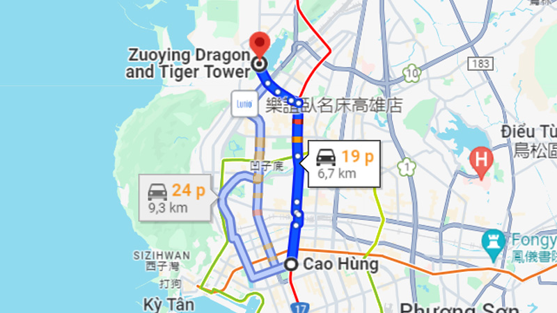 Khoảng cách giữa trung tâm Cao Hùng và Tháp Long Hổ