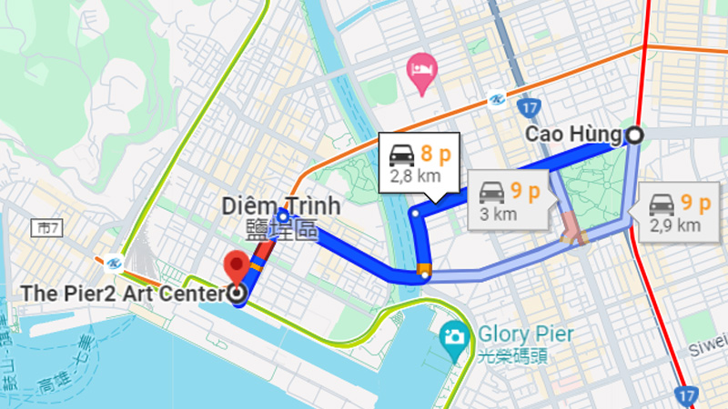 Khoảng cách giữa trung tâm Cao Hùng và Trung tâm Nghệ thuật Pier 2