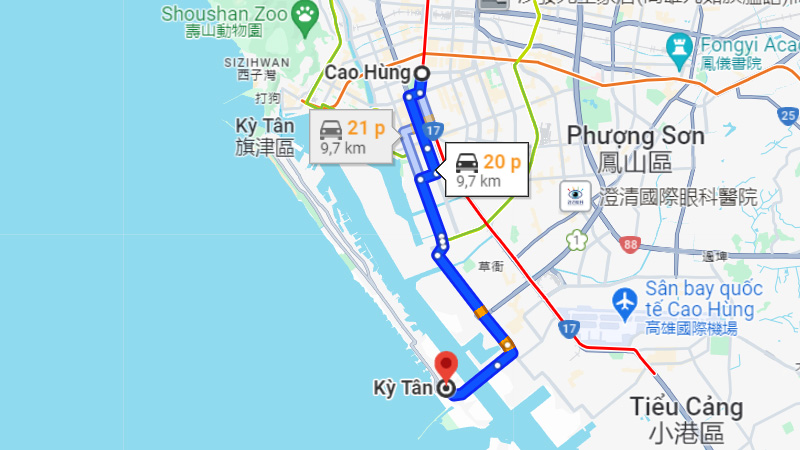 Khoảng cách giữa trung tâm Cao Hùng và Đảo Qijin