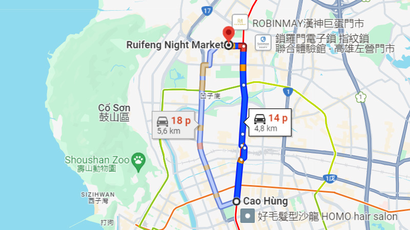 Khoảng cách giữa trung tâm Cao Hùng và Chợ đêm Ruifeng