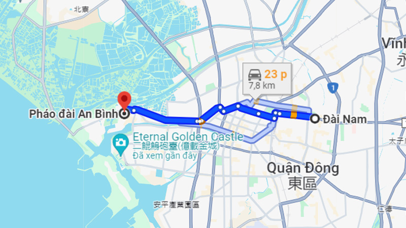 Khoảng cách giữa trung tâm Đài Nam và Pháo đài An Bình