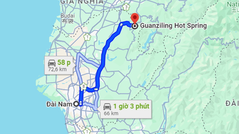 Khoảng cách giữa trung tâm Đài Nam và Suối nước nóng Guanziling