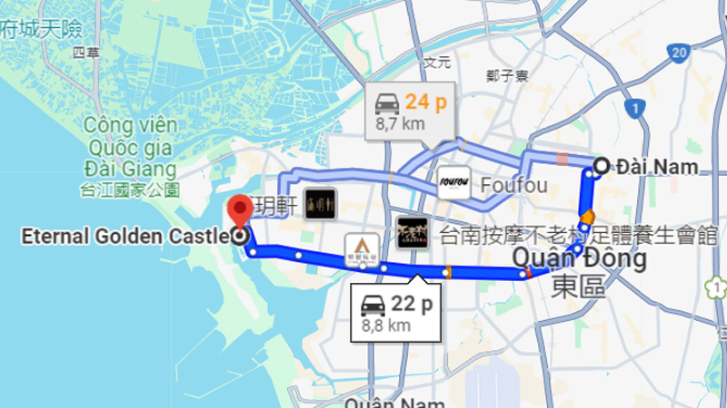 Khoảng cách giữa trung tâm Đài Nam và Lâu Đài Vàng Vĩnh Cửu