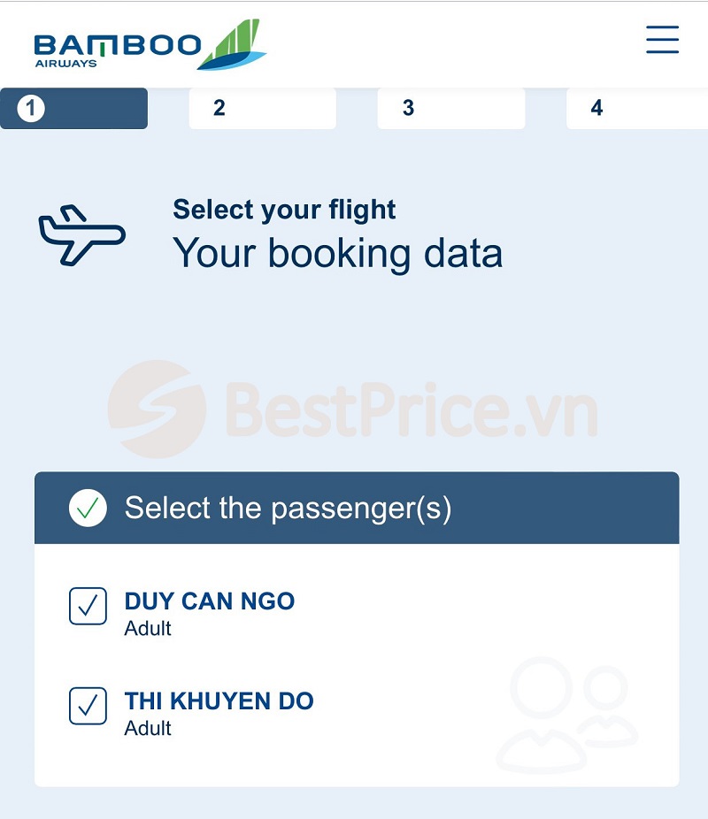 Kiểm tra danh sách hành khách và chọn hành khách cần làm thủ tục online Bamboo Airways