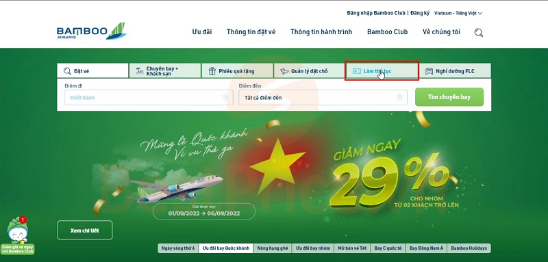 Chọn mục Làm thủ tục check in online Bamboo Airways trên website