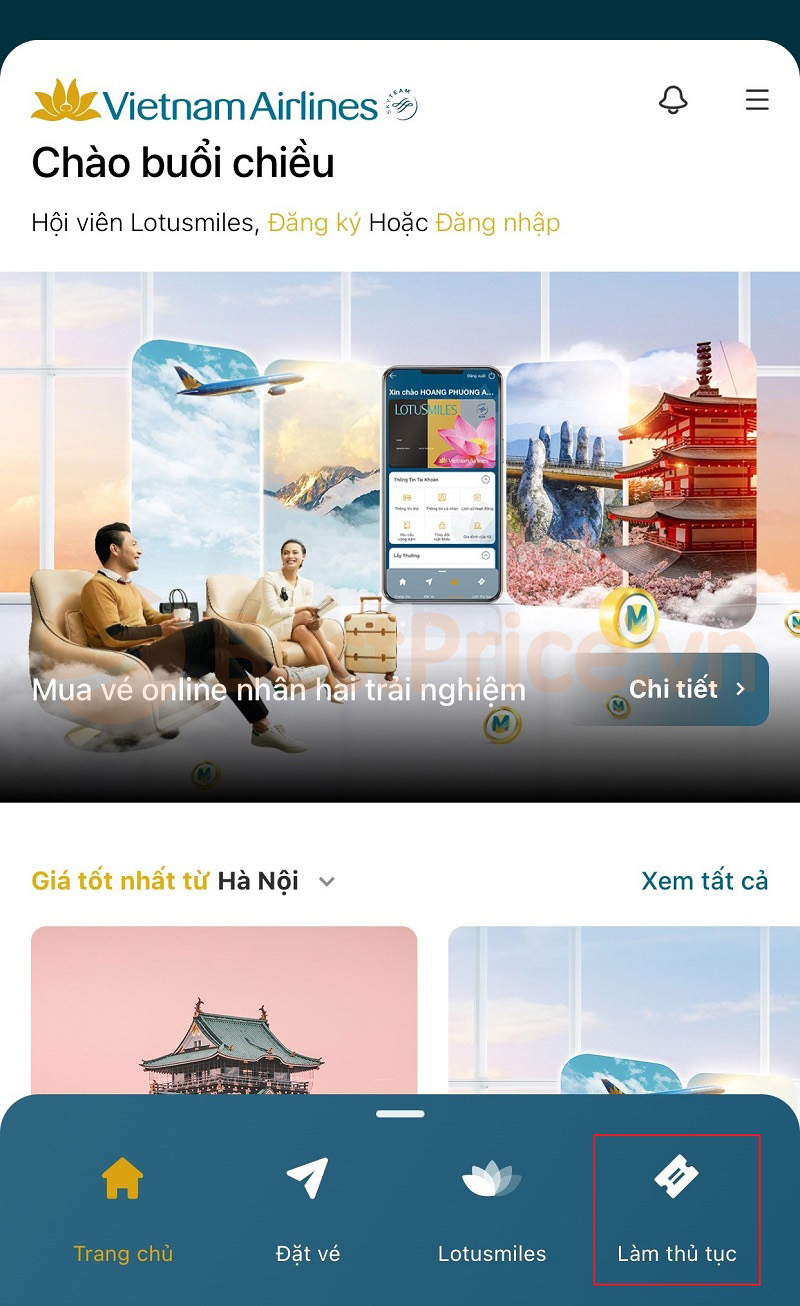 Check in online trên ứng dụng Vietnam Airlines
