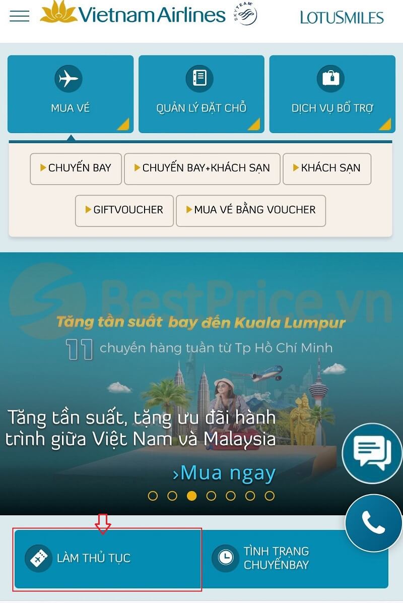 Làm thủ tục trực tuyến Vietnam Airlines trên điện thoại