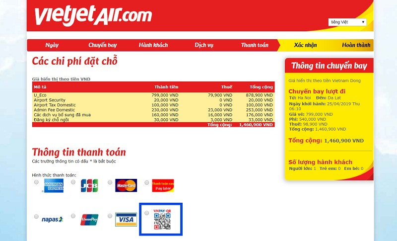 cach thanh toan ve may bay vietjet air