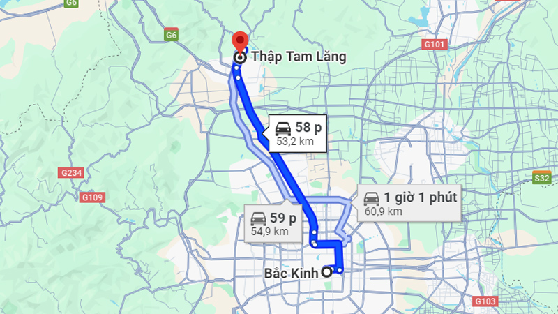 Khoảng cách từ trung tâm Bắc Kinh đến Thập Tam Lăng