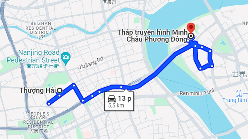 Khoảng cách từ trung tâm Thượng Hải đến Tháp truyền hình Đông Phương Minh Châu