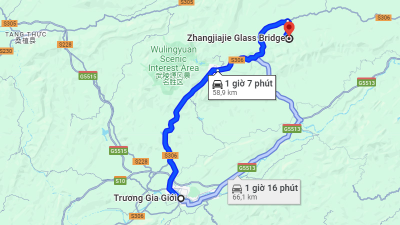 Khoảng cách từ trung tâm Trương Gia Giới đến Cầu kính Trương Gia Giới
