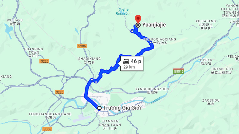 Khoảng cách từ trung tâm Trương Gia Giới đến Viên Gia Giới