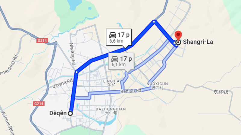 Khoảng cách từ trung tâm Dêqên đến Shangrila
