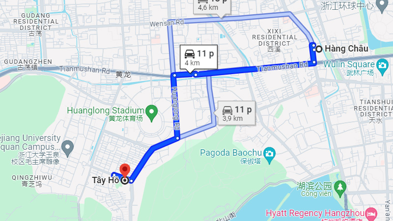 Khoảng cách từ trung tâm Hàng Châu đến Tây Hồ