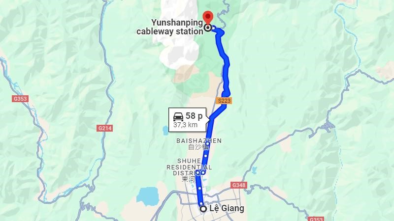 Khoảng cách từ trung tâm Lệ Giang đến ga cáp treo chân Núi Tuyết Ngọc Long