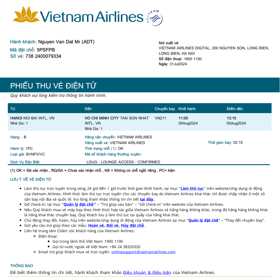 Mẫu vé máy bay điện tử Vietnam Airlines