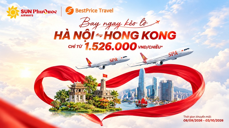 Bay thẳng Hà Nội - Hong Kong chỉ từ 1.526.000 VNĐ/chiều cùng Sun PhuQuoc Airways