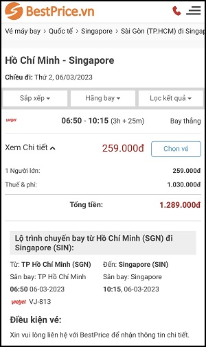 Đặt vé Hồ Chí Minh - Singapore tại BestPrice