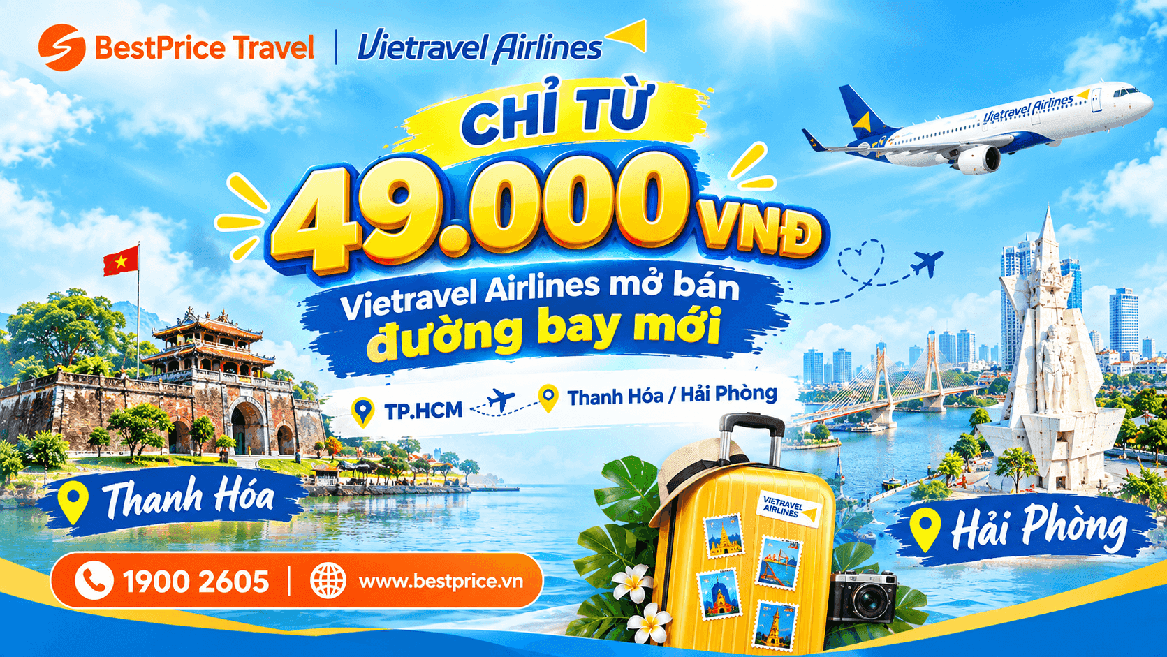 Vietravel Airlines mở b&aacute;n đường bay mới từ TP.HCM đi Thanh H&oacute;a v&agrave; Hải Ph&ograve;ng