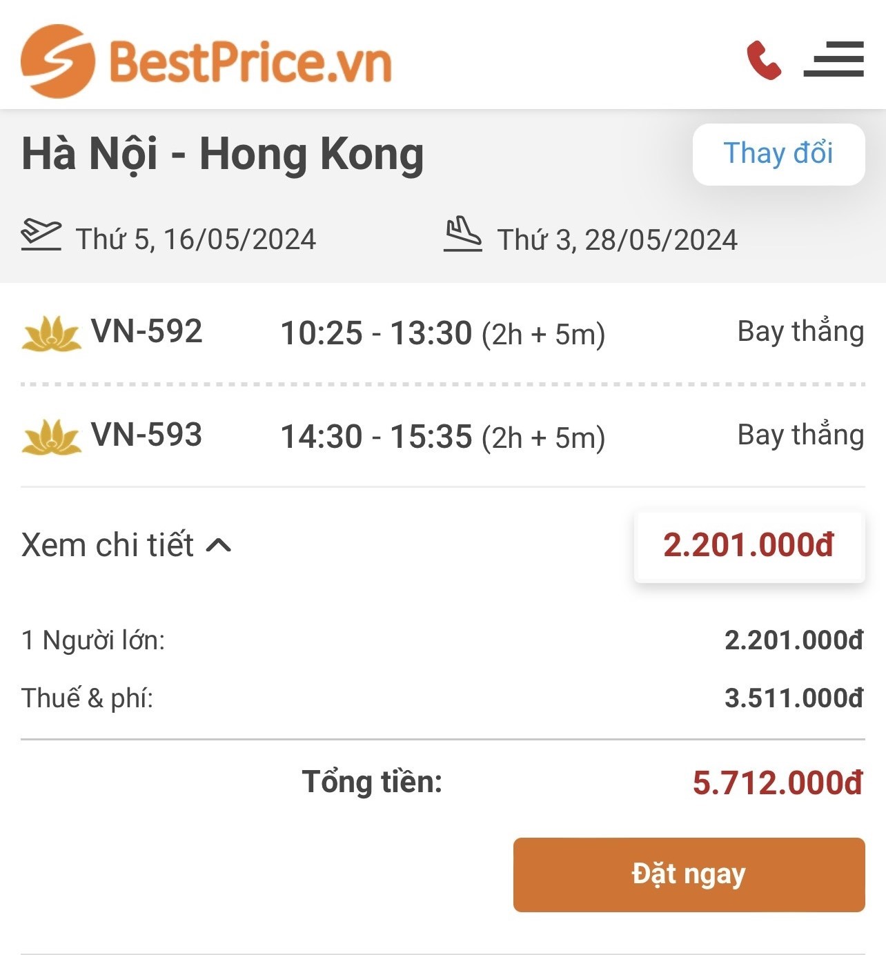 Giá vé máy bay Hà Nội - HongKong của Vietnam Airlines tại BestPrice