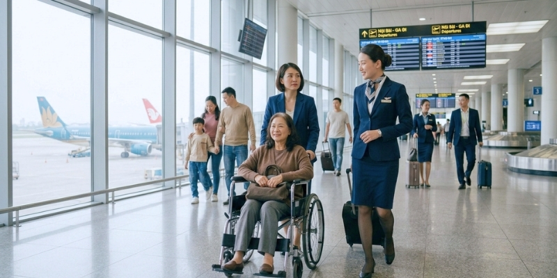 Khách hàng sử dụng xe lăn không bắt buộc có người đi kèm khi di chuyển bằng máy bay