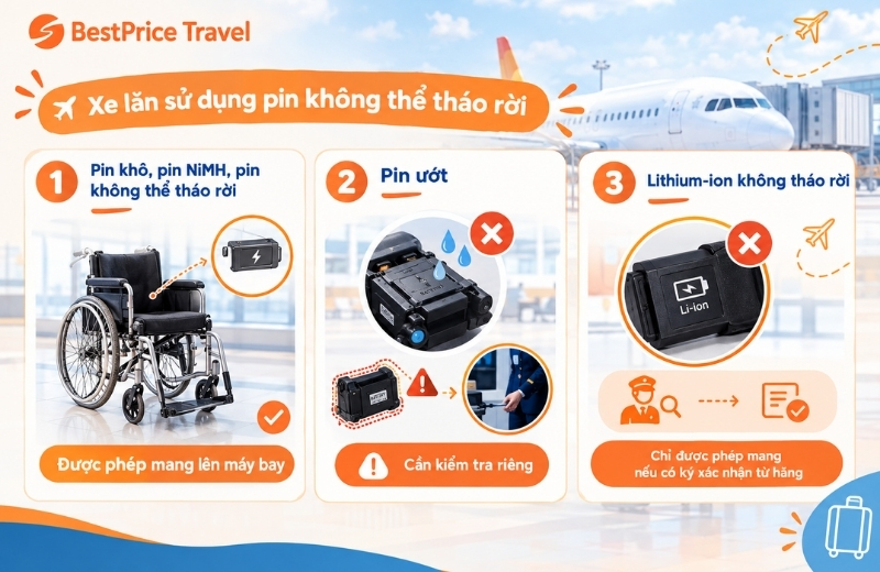 Lưu ý khi mang xe lăn sử dụng pin không thể tháo rời lên máy bay