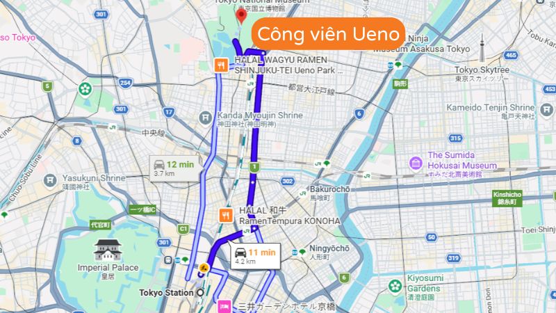 C&ocirc;ng vi&ecirc;n Ueno c&aacute;ch ga Tokyo khoảng 4,2km