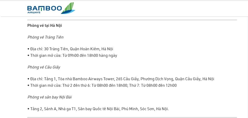 Danh sách phòng vé Bamboo Airways tại Hà Nội
