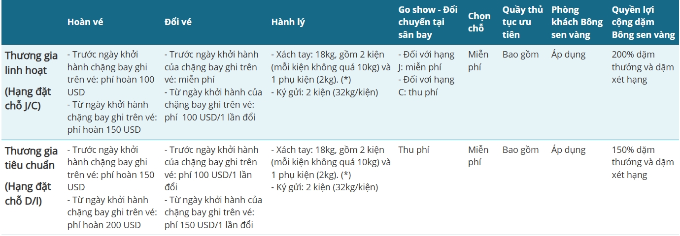 Điều kiện vé Vietnam Airlines đi Mỹ - Hạng Thương gia