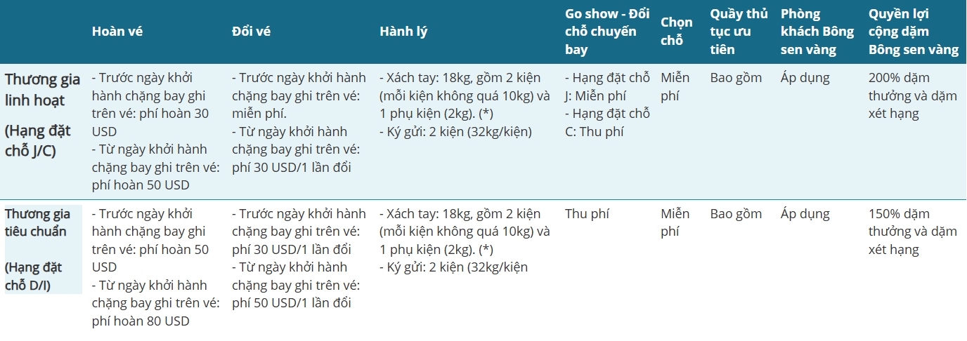 Điều kiện vé Vietnam Airlines đi quốc tế - Hạng Thương gia