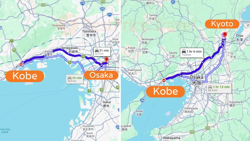 Khoảng cách từ Kobe tới Osaka và Kyoto