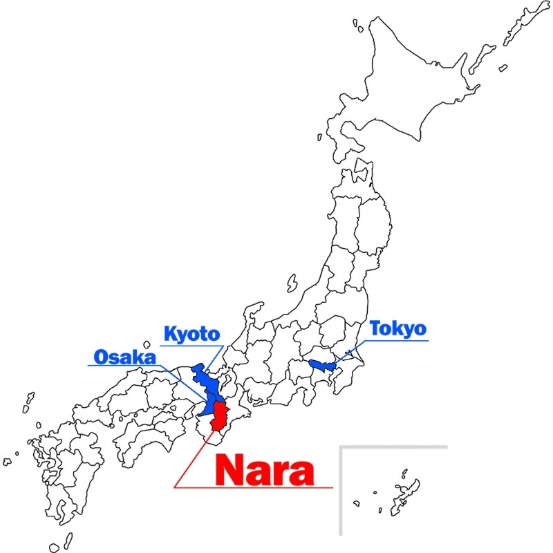 Vị trí của Nara nằm giữa Osaka và Kyoto