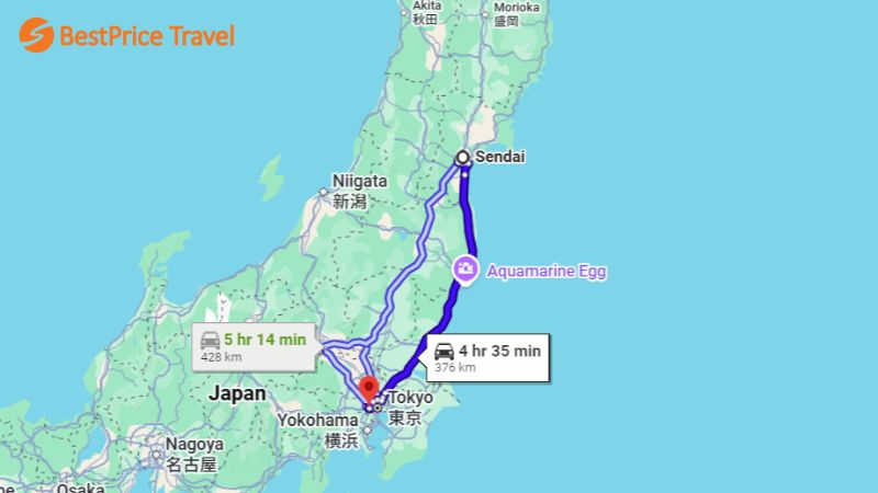 Sendai cách Tokyo khoảng 376 km