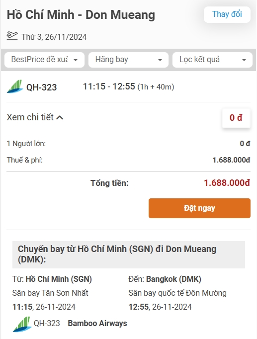 Săn vé máy bay Sài Gòn Bangkok 0 đồng của Bamboo Airways tại BestPrice