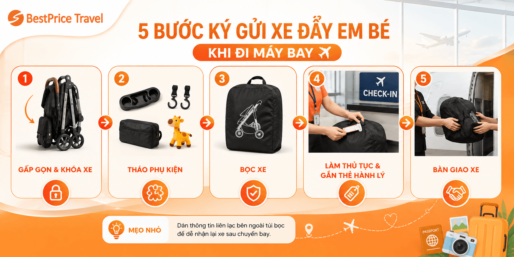 Cách để ký gửi xe đẩy em bé khi đi máy bay