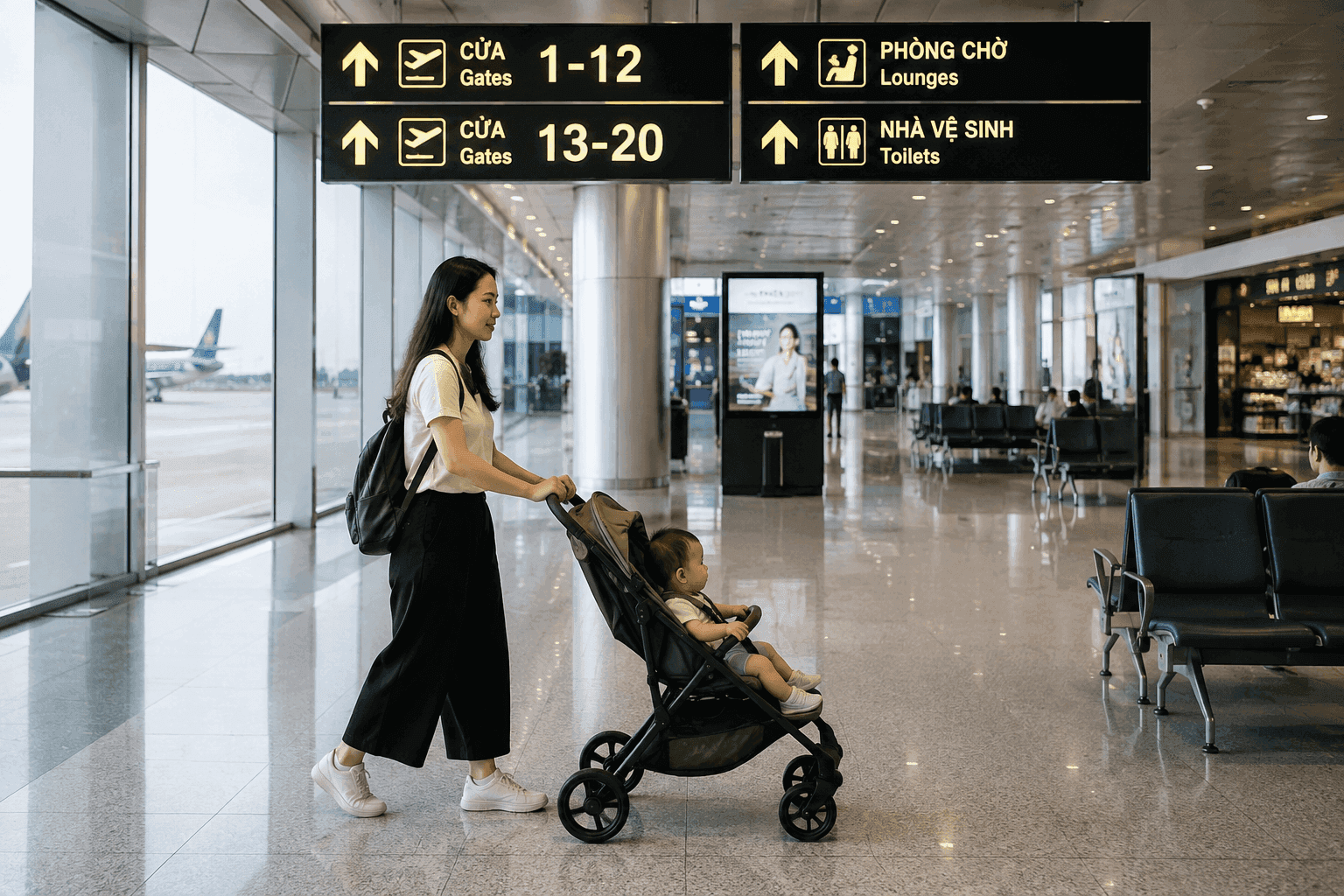 Xe đẩy em bé có thể được dùng đến cửa lên máy bay tùy thuộc quy định từng hãng