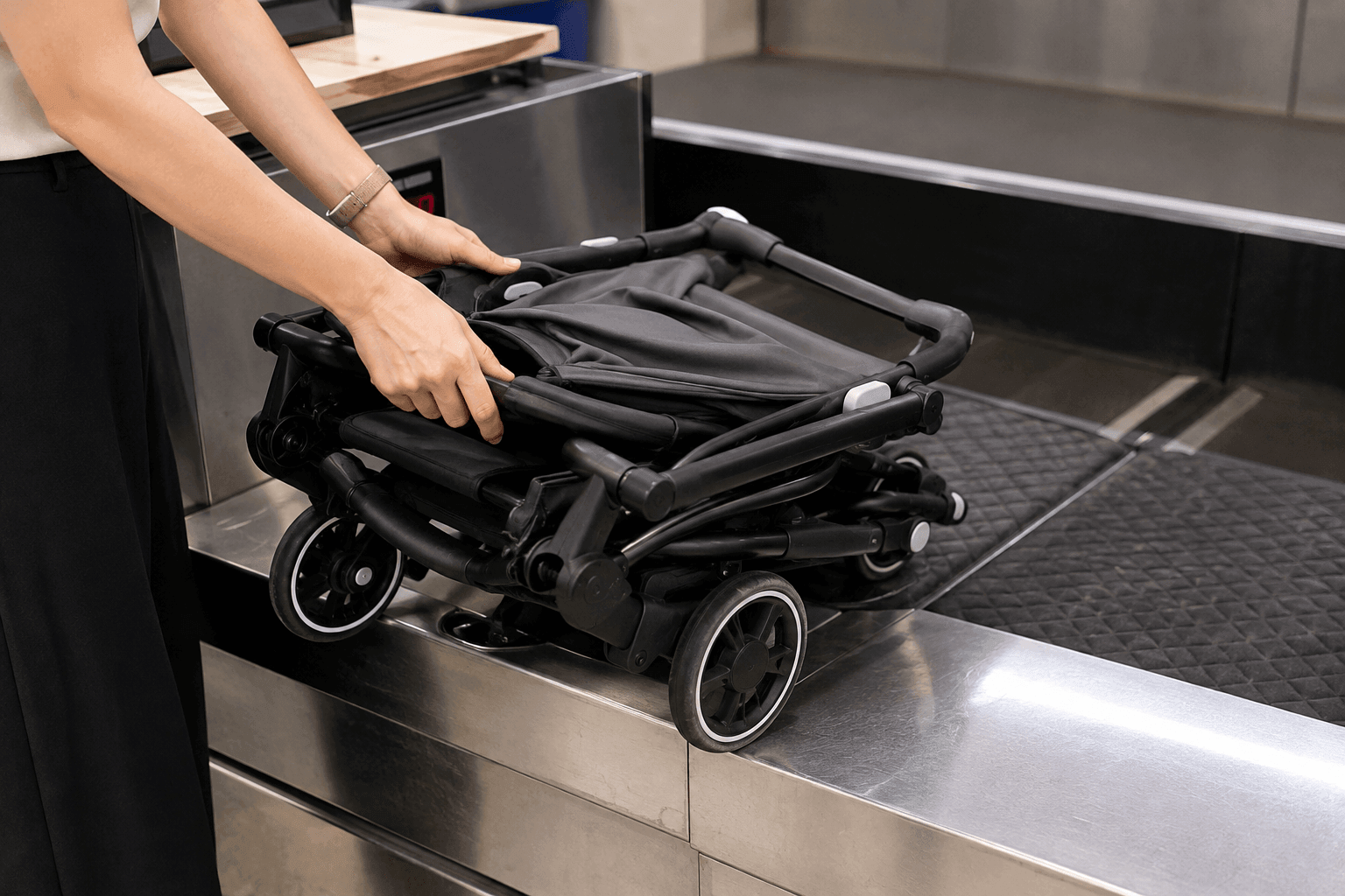 Gấp gọn và bảo quản xe đẩy em bé trước khi ký gửi máy bay