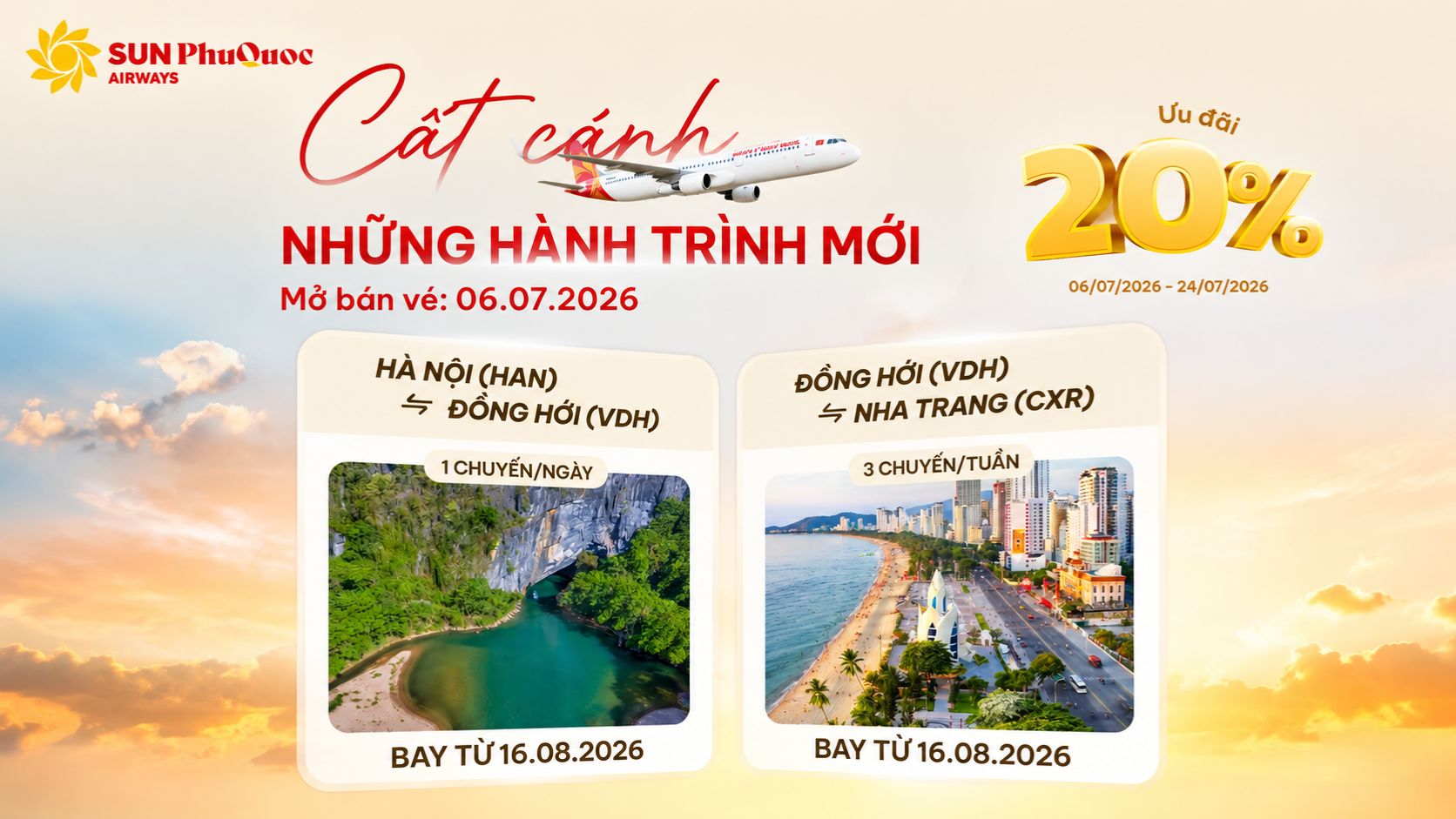 Giảm 20% mừng khai trương đường bay Hà Nội - Đồng Hới/Đồng Hới - Cam Ranh của Sun PhuQuoc Airways