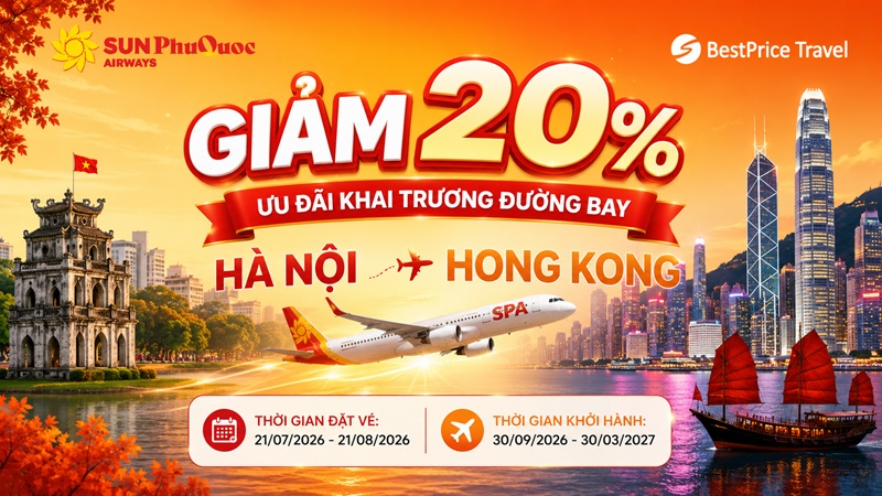 Sun PhuQuoc Airways ưu đãi 20% giá vé Hà Nội - Hong Kong