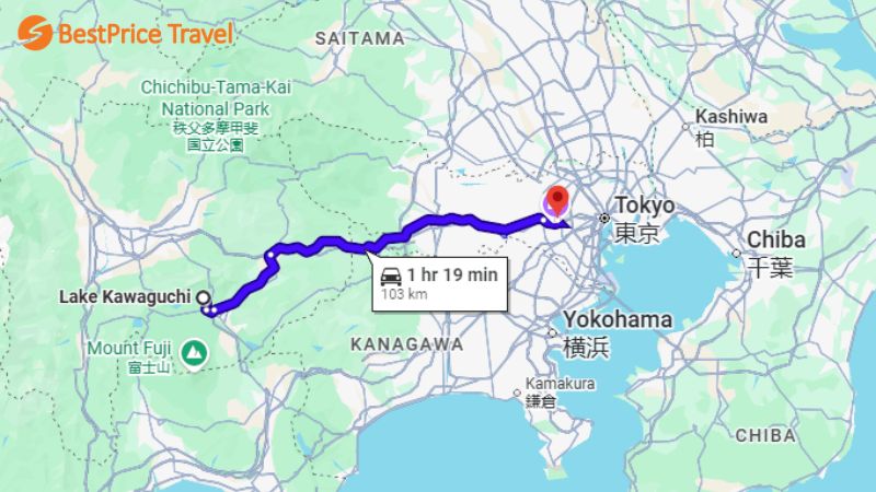 Hồ Kawaguchi c&aacute;ch Tokyo khoảng 103km