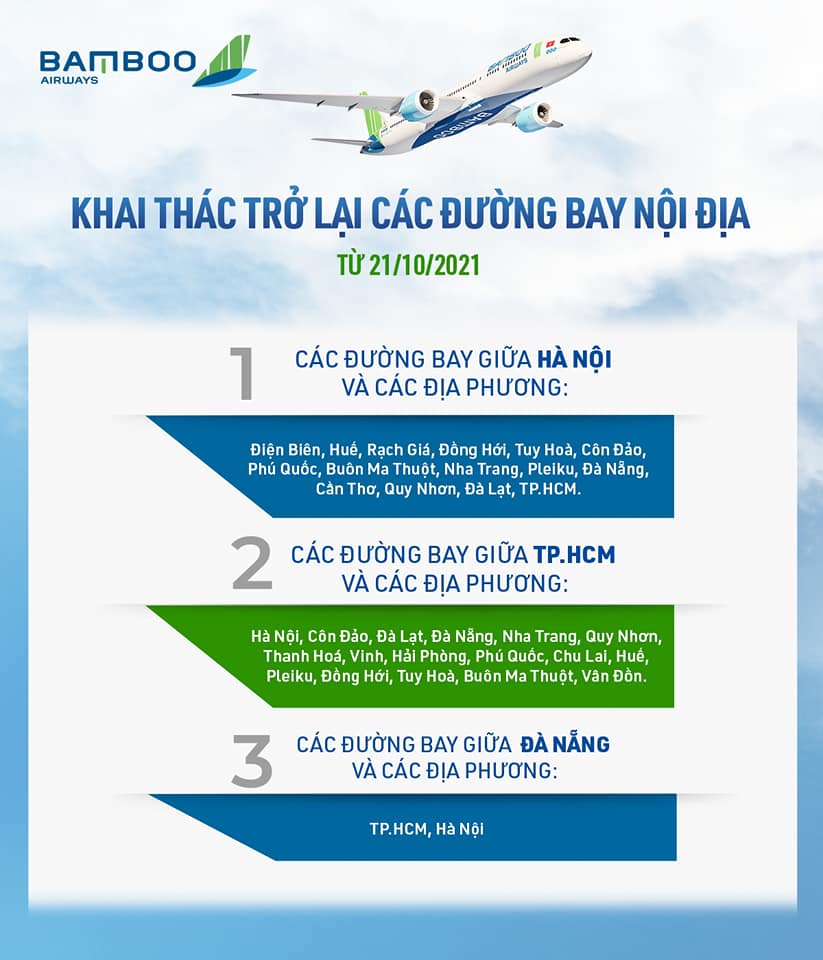 Bamboo Airways khôi phục 31 đường bay nội địa trong giai đoạn 21/10/2021 đến 30/11/2021