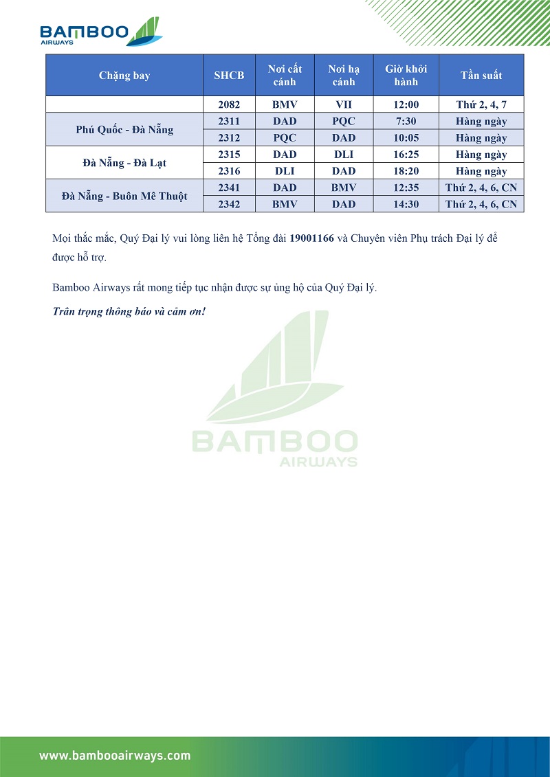Lịch bay nội địa Bamboo Airways tháng 12